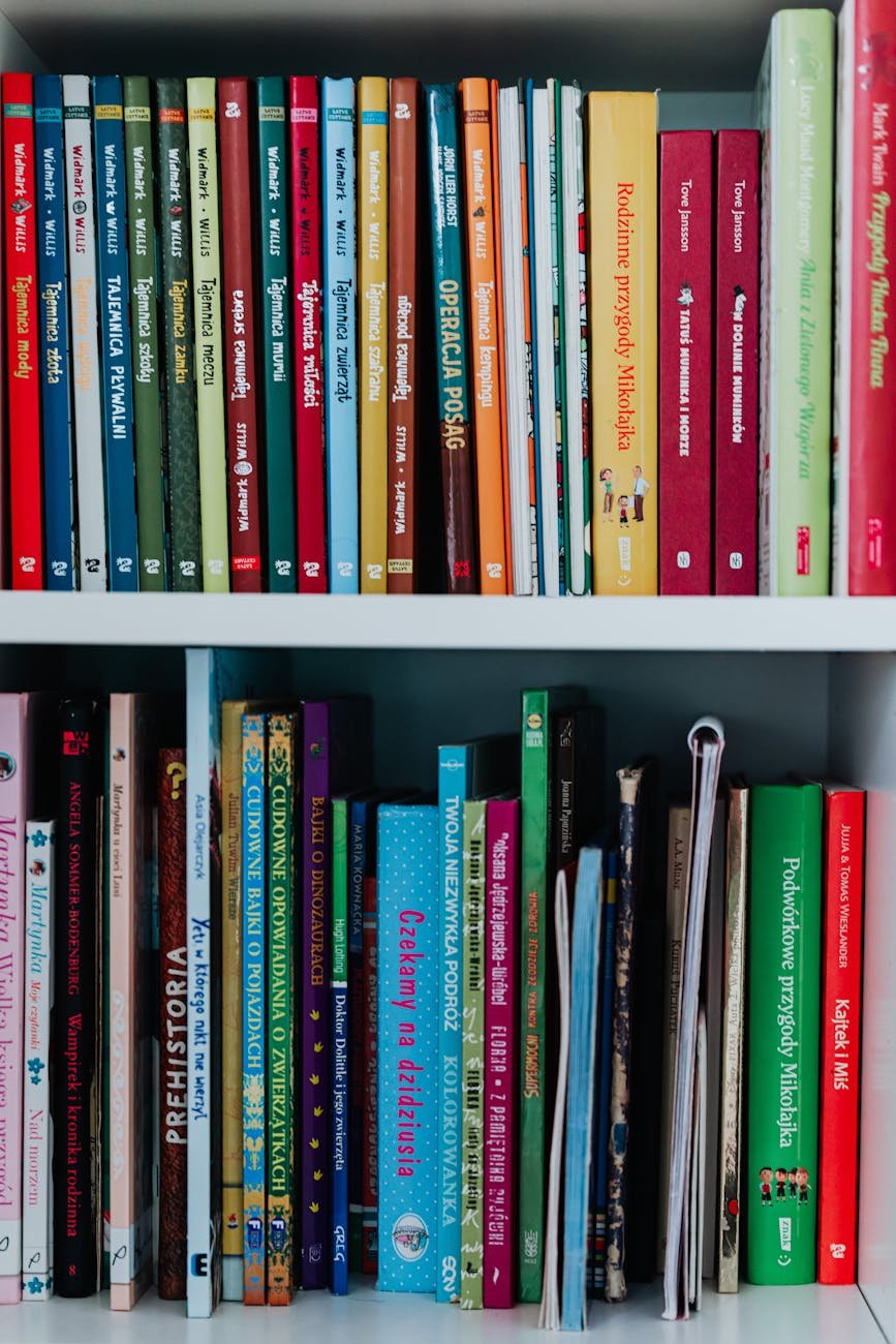 Colourful books on a library shelf